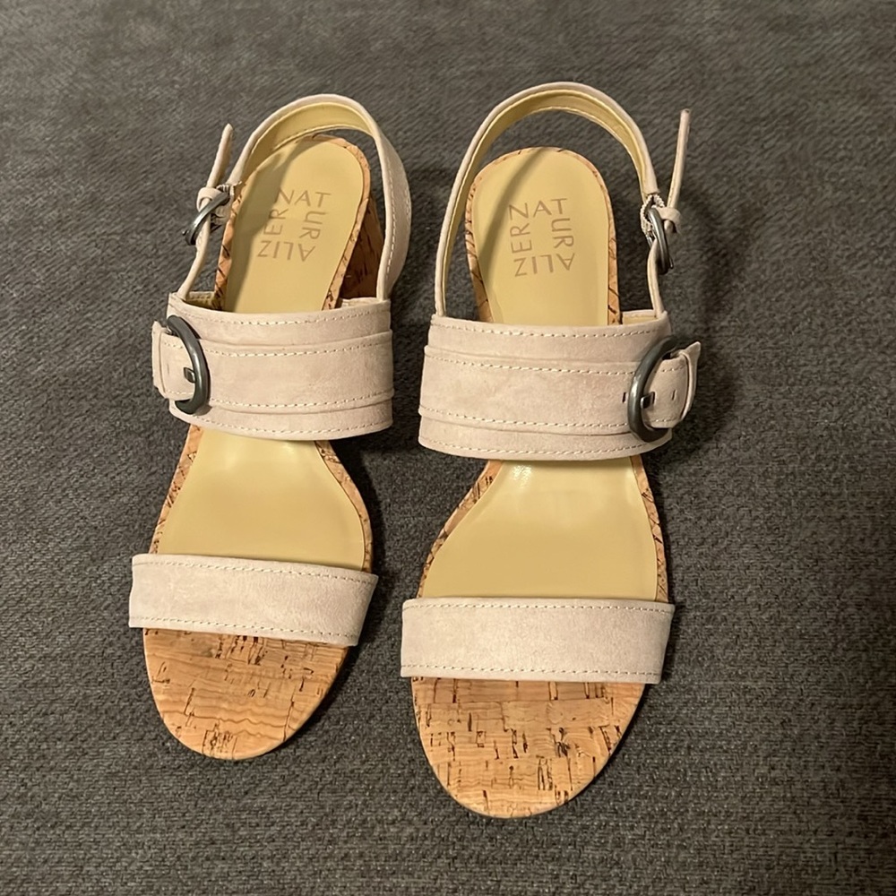 Naturalizer Cream Sandals with Cork Sole and Wedge Heel